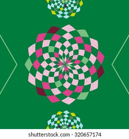 Seamless pattern with decorative round patterns. The circle of diamonds set on an emerald background. Shading in pencil. Kaleidoscope