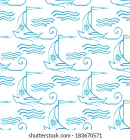 Seamless pattern with decorative sailing ships on waves. Vector illustration