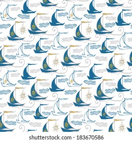 Seamless pattern with decorative sailing ships on waves. Vector illustration