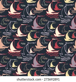 Seamless pattern with decorative sailing ships on waves. Vector illustration