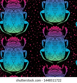 Seamless pattern with decorative scarab with egyptian cross and all seeing eye. 