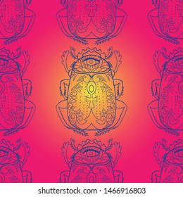 Seamless pattern with decorative scarab with egyptian cross and all seeing eye. Hand drawn style. Pink and yellow color. Outline.