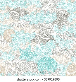 Seamless pattern with decorative sea shells and waves in boho style. Vector illustration