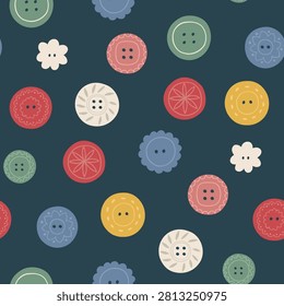 Seamless pattern with decorative sewing buttons in floral and geometric designs. Hand drawn flat vector illustration. Vintage tailoring inspired ornament for textile, sewing and craft projects