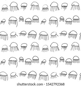 Seamless pattern with decorative simple jellyfish. In the style of children's drawing.