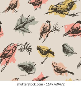 Seamless pattern with decorative sketch birds. Vector seamless hand drawn pattern with swallow, pigeon, robin in yellow-red pastel tones on pale pink background.