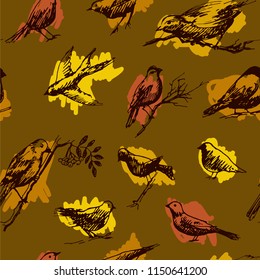 Seamless pattern with decorative sketch birds. Vector seamless hand drawn pattern with swallow, pigeon, robin in autumn tones on yellow-green background.