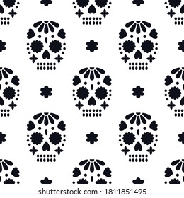 Seamless pattern with decorative skulls. Dia de los muertos - mexican holiday. Vector backdrop for Day of the dead or Halloween.