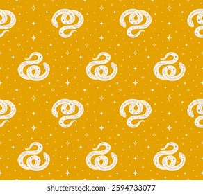 Seamless pattern with decorative snake and stars on yellow background. Perfect for fabric design, packaging, wrapping paper. Vector Illustration in flat style