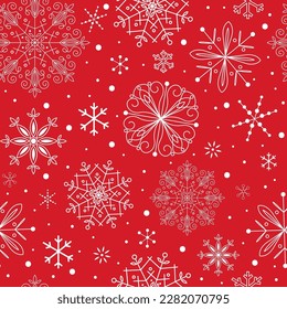 Seamless pattern with decorative snowflakes on red background
