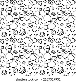 Seamless pattern with decorative spring butterflies hand drawn doodle outline vector