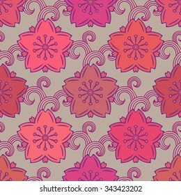 Seamless pattern with decorative spring cherry blossoms in classic japanese style in grey and pink colors