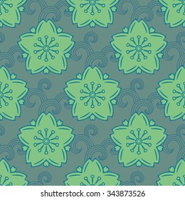 Seamless pattern with decorative spring cherry blossoms in classic japanese style in green colors