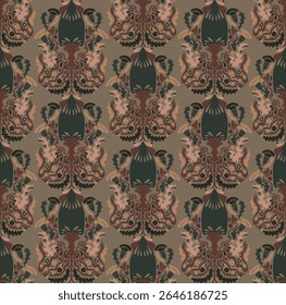 Padrão contínuo com lulas decorativas em um design ornamental estilizado. Linhas graciosas, detalhes padronizados e um tema marinho criam um estilo retro espetacular para têxteis, papel de parede e embalagens.
