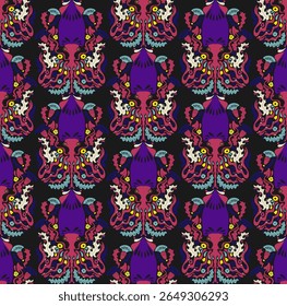 Padrão contínuo com lulas decorativas em um design ornamental estilizado. Linhas graciosas, detalhes padronizados e um tema marinho criam um estilo retro espetacular para têxteis, papel de parede e embalagens.