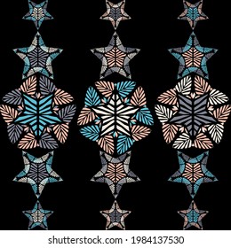 Seamless pattern with decorative stars of curved stripes. Design with manual hatching. Textile. Ethnic boho ornament. Vector illustration for web design or print.