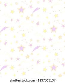 Seamless pattern of decorative stars in pink and yellow.		