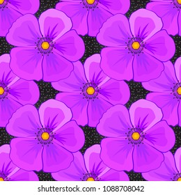 Seamless pattern with decorative summer cosmos flowers in gray, pink and violet colors, watercolor vector illustration.
