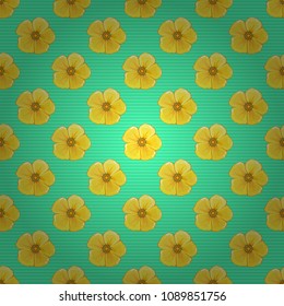 Seamless pattern with decorative summer cosmos flowers in blue, green and yellow colors, watercolor vector illustration.