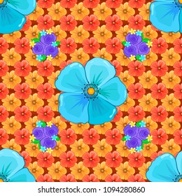 Seamless pattern with decorative summer cosmos flowers in blue, yellow and orange colors, watercolor vector illustration.