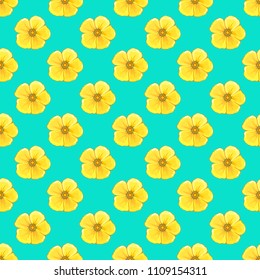 Seamless pattern with decorative summer cosmos flowers in blue, yellow and orange colors, watercolor vector illustration.
