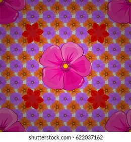 Seamless pattern with decorative summer cosmos flowers on a gray background, watercolor vector illustration.