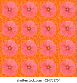 Seamless pattern with decorative summer cosmos flowers on a orange background, watercolor vector illustration.