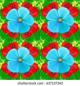 Seamless pattern with decorative summer cosmos flowers on a green background, watercolor vector illustration.