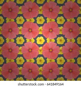 Seamless pattern with decorative summer cosmos flowers on a gray background, watercolor vector illustration.