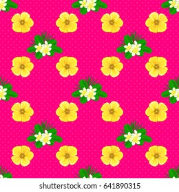 Seamless pattern with decorative summer cosmos flowers on a magenta background, watercolor vector illustration.