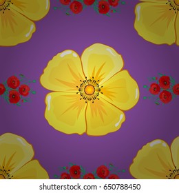 Seamless pattern with decorative summer cosmos flowers on a violet background, watercolor vector illustration.