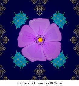 Seamless pattern with decorative summer cosmos flowers in blue, violet and neutral colors, watercolor vector illustration.