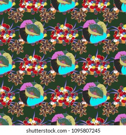 Seamless pattern with Decorative summer flowers in green and blue colors, watercolor vector illustration.
