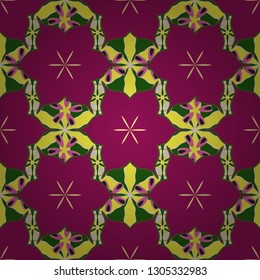 Seamless pattern with Decorative summer flowers in yellow, green and purple colors, watercolor vector illustration.