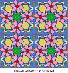 Seamless pattern with Decorative summer flowers in yellow, pink and blue colors, watercolor vector illustration.
