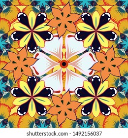 Seamless pattern with Decorative summer flowers in yellow, blue and orange colors, watercolor vector illustration.
