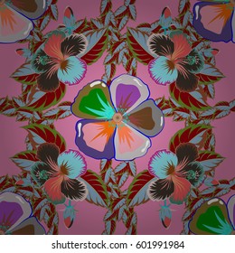 Seamless pattern with Decorative summer flowers in pink and blue colors, watercolor vector illustration.