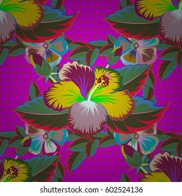 Seamless pattern with Decorative summer flowers in blue and green colors, watercolor vector illustration.