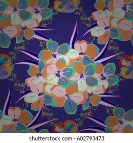 Seamless pattern with Decorative summer flowers in green and blue colors, watercolor vector illustration.