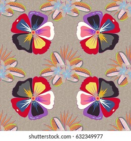 Seamless pattern with Decorative summer flowers in blue and pink colors, watercolor vector illustration.