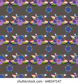 Seamless pattern with Decorative summer flowers in blue, orange and violet colors, watercolor vector illustration.