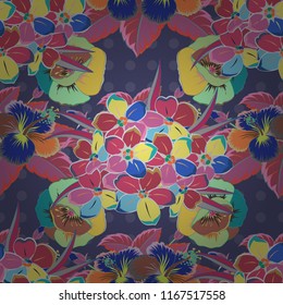 Seamless pattern with decorative summer forget-me-not flowers in pink, yellow and blue colors, watercolor vector illustration.