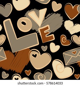 Seamless pattern with decorative summer hearts and love text in beige and brown colors over black backdrop. Watercolor effect vector illustration.