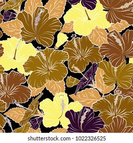 Seamless pattern with decorative summer hibiscus flowers in brown, yellow and white colors, watercolor vector illustration.