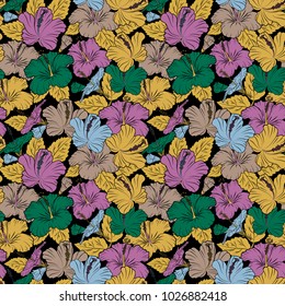 Seamless pattern with decorative summer hibiscus flowers in black, pink and yellow colors, watercolor vector illustration.