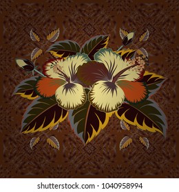 Seamless pattern with decorative summer hibiscus flowers in gray and brown colors, watercolor vector illustration.