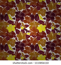 Seamless pattern with decorative summer hibiscus flowers in red, white and brown colors, watercolor vector illustration.