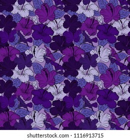 Seamless pattern with decorative summer hibiscus flowers in purple, blue and violet colors, watercolor vector illustration.
