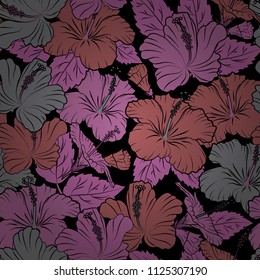 Seamless pattern with decorative summer hibiscus flowers in gray, pink and black colors, watercolor vector illustration.