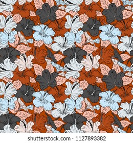 Seamless pattern with decorative summer hibiscus flowers in gray and orange colors, watercolor vector illustration.